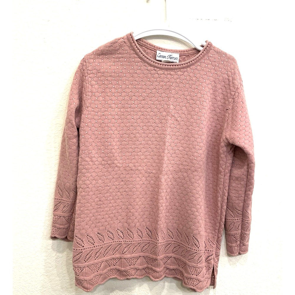 Vintage Pink Pullover Sweater Women's Medium Cotton Forever Made in USA Crochet‎
